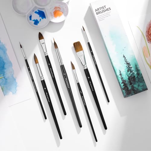 Image of Watercolor Brush Set, Fuumuui 7pcs Professional Sable Paint Brushes with Extended Needle, Round Point, Flat, Dagger, Cat's Tongue for Watercolor, Acrylic, Gouache - Detail & Wash Painting