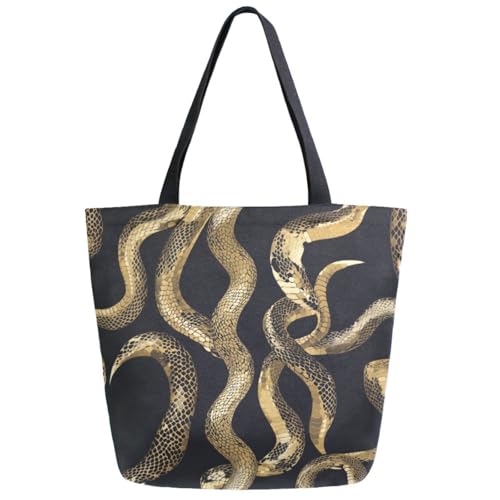 Peystean Fashion Golden Snake Black Extra Large Canvas Shoulder Tote, Men Women Casual Daily Reusable Handle Bag for Gym Yoga Weekender Grocery Beach Travel Shopping