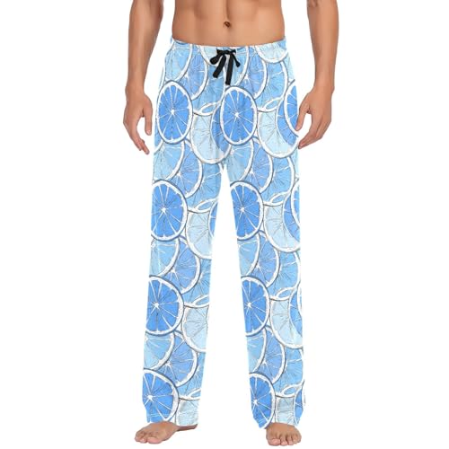 Mens Cotton Pajama Pants Sleep Lounge Pj Bottoms Sleepwear with Pockets Drawstring S Lemon Blue2