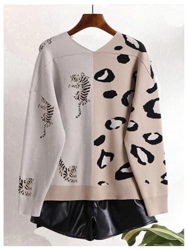 Image of WDIRARA Women's Leopard Tiger Print Cardigan V Neck Long Sleeve Color Block Button Down Sweater Outwear