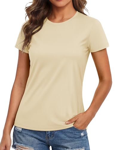 MAGCOMSEN Hiking Shirts Women UV Protection Quick Dry Tee Short Sleeve Workout Tops Rashguard Womens Swim Tops Light Apricot, L