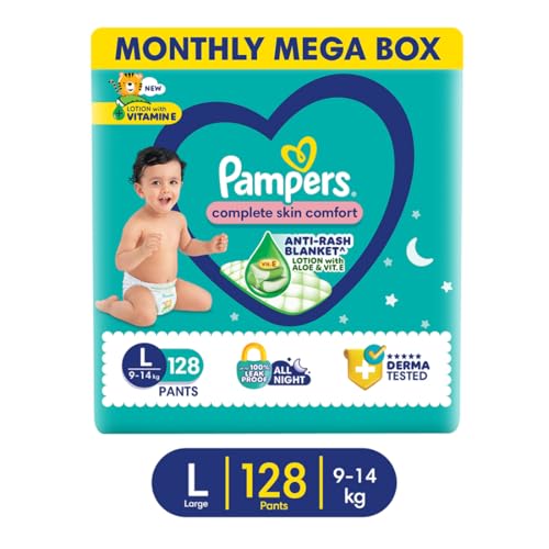 Pampers Complete Skin Comfort | Pant Style Diaper Large, 128 Count| Anti Rash with 100% protection from leakage upto 12 hrs