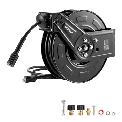 VEVOR Pressure Washer Hose Reel, 60 ft x 1/4 inch Retractable Power Heavy-Duty Steel Washer Hose Reel, 4000PSI Max, Auto-Rewinding, Flexible Wall/Floor Mounted for Car Washing,Garden,Floor Cleaning