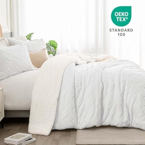 Image of BEDELITE Fluffy Sherpa Full Comforter Set,White | Super Soft & Warm Fleece Bedding, Luxury Fuzzy Comforter for Winter, Heavy Plush Bedding Set,2 Pillowcases