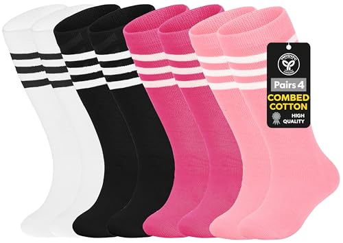 YMYDYFC Toddler Soccer Socks Girls Soccer Sock For Youth Baseball Softball Tee-ball Knee High 1-10T 4 Pack White/Pink/Rose Pink/Black Stripe