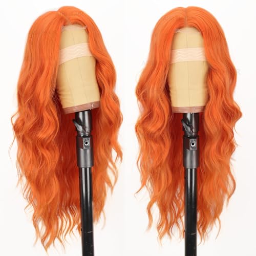 Image of AISI HAIR Orange Wig for Women, Long Wavy Lace Hairline Middle Part Synthetic Heat Resistant Wig for Daily Party-26 Inch