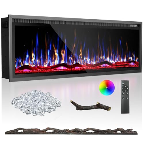 BREEZEHEAT 60 Inch Electric Fireplace-Recessed & Wall Mounted Linear Fireplace-750/1500W Heater w/Temperature Control, Log & Crystal Options, Adjustab