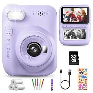 GREENKINDER Kids Camera Instant Print, 3.0” Large Screen Instant Camera for Kids with 32GB Card & 3 Rolls Print Paper, 1080P Kids Selfie Digital Camera, Gift Toy for Boys Girls 3-12 Years Old, Purple