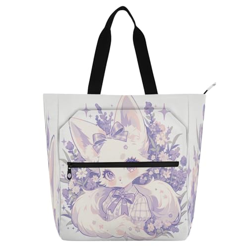 Decorative Book Tote Bag for Kids Boys Girls, Cute Cartoon Purple Fox Beaty Pastel Lightweight Child Book Tote Resuable Grocery Bag Handbag for School Work Travel Rainbow bolsos para guardar