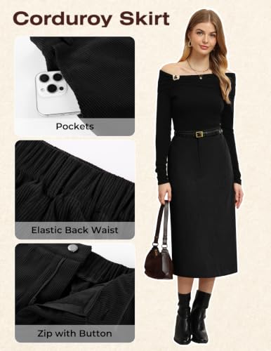 Kate Kasin Women Fall Black Midi Corduroy Long Skirt with Pockets 2XL — view 5