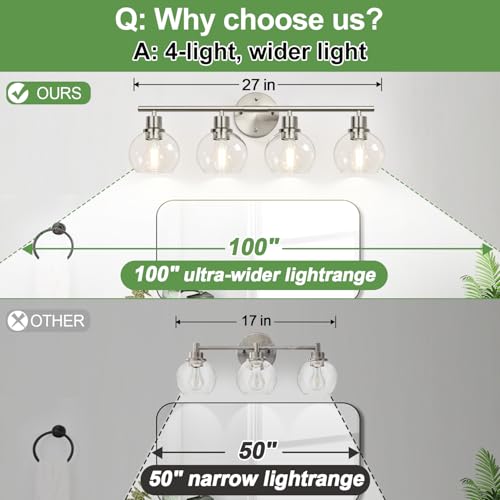 Image of Indoi 4-Light Bathroom Light Fixtures, Brushed Nickel Modern Vanity Lights Over Mirror with Clear Glass Globe Shade, Bathroom Wall Sconces for Mirror Kitchen Living Room Hallway Cabinet Bedroom Porch