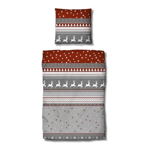 Traumschlaf Biber Bettwäsche Winterland rot – warme & kuschelige Winterbettwäsche – 100% Baumwolle – flauschig & hautsympathisch – Wintermotiv mit Hirschen & Schneeflocken – 140x200 cm + 70x90 cm