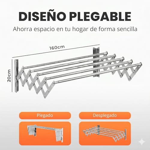 Miniatura 2 de Jupplies Tendedero Extensible Pared 160cm - Tendedero Plegable De Pared De Interior O Exterior Apto Para Todo Tipo De Ropa Con 5 Barras De Secado - 10 Pinzas Incluidas