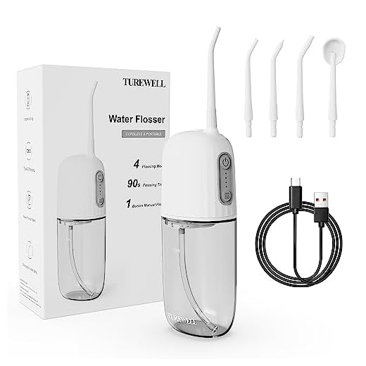 TUREWELL C200 Irrigador Bucales Inalámbrico, Portatil Irrigador Dental con 4 Boquillas 4 Modos de Pulso, 200ML Capacidad, IPX7 Impermeable, Recargable para Limpieza Dental Oral, para Familia y Viajar