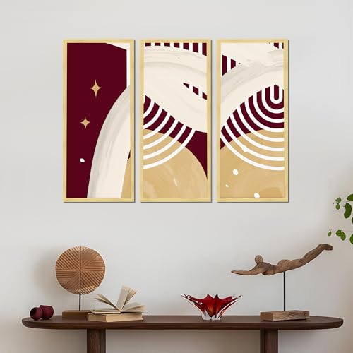 Image of PAINTINGMANTRA Abstract Modern Framed Wall Art Set of 3 | Geometric & Celestial Boho Wall Decor | Engineered Wood Frame Art for Living Room, Bedroom & Office, 8.9x18.9 Inch