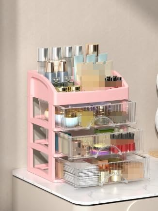 実用的 お手入れ簡単 機能性 化粧品収納ボックス デスクトップ収納 ジュエリー保管 引き出し式 オーガナイザー 卓上収納 (4層,ピンク-白い引き出し)