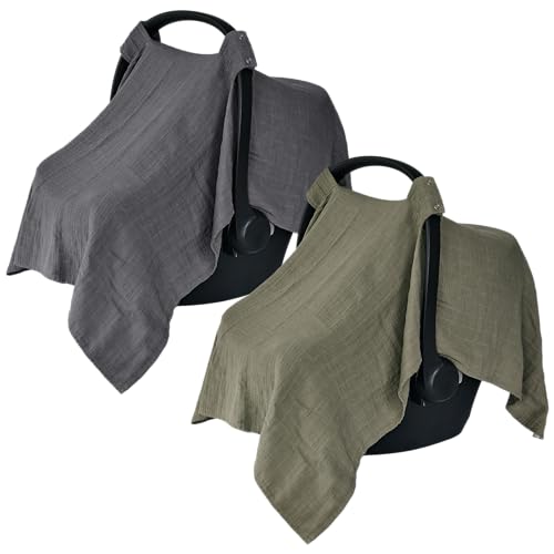 Image of Huxie Car Seat Cover Baby - Organic Muslin Cotton - Carseat Canopy - 43" x 32" 2-Pack (Sage Green/Soft Grey)
