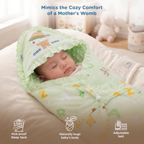 Image of Mee Mee 3-in-1 Baby Wrapper & Carry Nest for Newborns | Soft Breathable Cotton Swaddle with Hood and Cushion | Adjustable Tie-Up Design | Lightweight, Cozy & Easy to Carry (0-6 Months) (Green)