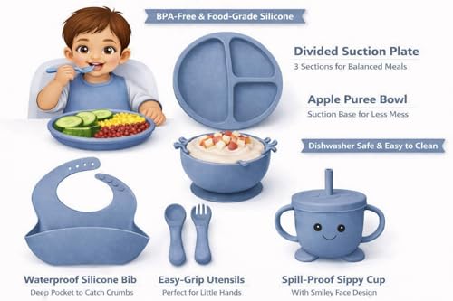 Image of SJC Global - 6 PCS (Blue) Silicone Toddler Adjustable Tableware Set | Suction Bowl, Plate, Spoon, Fork, Bib & Cup for Babies | Silicone Baby Feeding Kit for Infants | BPA Free Food Grade