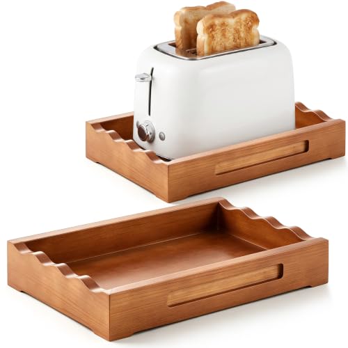 Image of SiliFine Toaster Tray for Under 2-slice Toaster with Handles Scalloped | Premium Pine Wood Design: Adds a Warm Walnut Finish While Catching Toaster Crumbs and Keeping Countertops Clean.