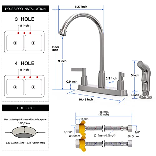 Gowin Brushed Nickel Kitchen Faucet With Side Sprayer,2 Handle Kitchen Sink Faucet，Kitchen Faucets For Sink 3 Hole Or 4 Hole,High Arc Stainless Steel 8 Inch Centerset Kitchen Faucet #TOP4