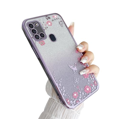 Image of Samsung Galaxy A21s Case for Women, Gradual Change Glitter Crystal Soft TPU Stylish Butterfly Floral Heart Clear Protective Cover with Strap (Purple)