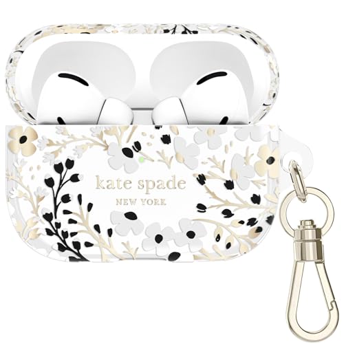 Image of kate spade new york AirPods Pro Protective Case with Keychain Ring - Multi Floral Black and White, Compatible with AirPods Pro 2nd / 1st Generation