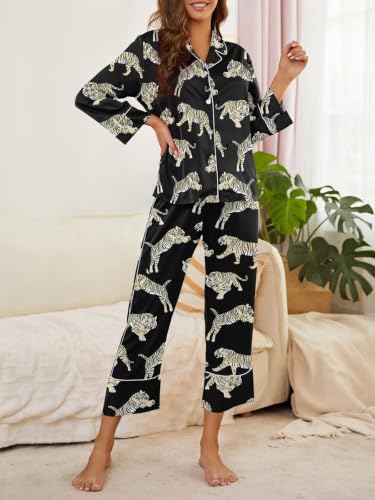 Image of Brosloth Women's Silk Satin Pajamas Long Sleeve Button Up Loungewear Set | Button Down Animal Print Pajamas, Ladies Fancy Pajama sets, Two Piece Lounge Set, Notch Collar Lightweight Sleepwear, Gift
