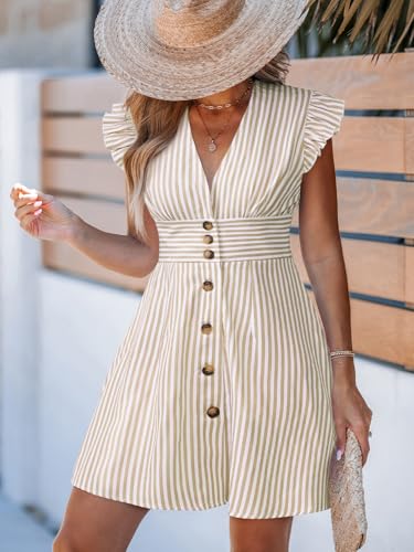 Image of CUPSHE Women's Striped Summer Dresses V Neck Casual Mini Dress Flutter Sleeve Ruffle Button Sundresses