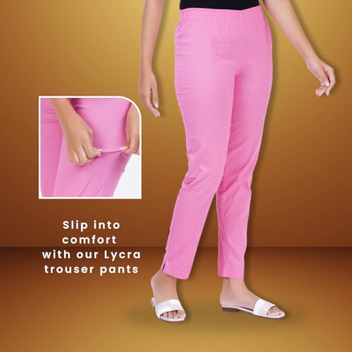 Image of Happy Bunny Cotton Blend Lycra Kurti Pants for Women, Soft 30% Stretch Full Length Trousers with Elastic Waist & Zip Pocket, Ideal for Office, Work, Casual, Home Wear Breathable Slim Fit