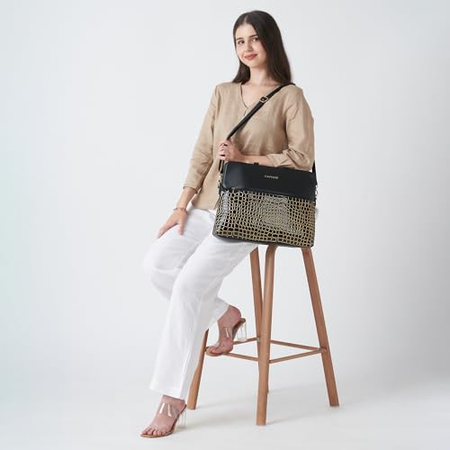 Image of Caprese Lily Large Laptop Bag for Women with Adjustable & Detachable Strap | Croc-Embossed Faux Leather | Fits Up to 15.6-Inch Laptop | Handheld & Shoulder Bag | Multi-Compartments for Office & Travel