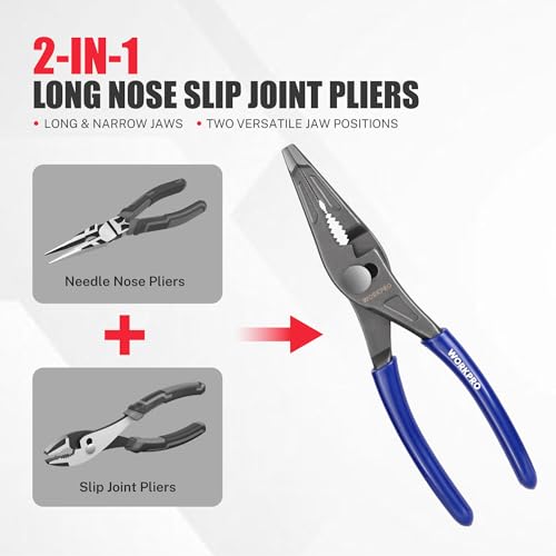 WORKPRO Long Nose Slip Joint Pliers, 8'' Needle Nose Pliers with Comfortable Grip Handles, 3-Zone Serrated Jaw Forged from Premium CR-V Steel for Clamping, Tightening and Loosening - Image 5