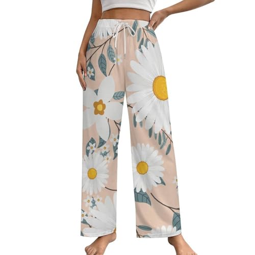 Bas de pyjama femme marguerites blanches doté de poches latérales pratiques