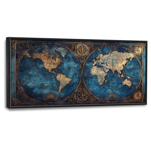 World Map Framed Wall Art for Living Room, Large Map