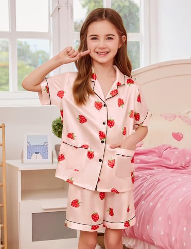 SWOMOG Little & Big Girls Satin Pajamas Set Silk Button Down Pjs Set 2 Pieces Short Sleeve Kids Strawberry Sleepwear 4-15Y4