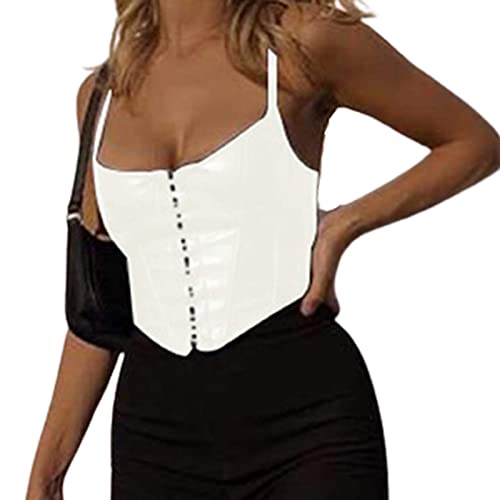 Women Corset Crop Top Sexy Spaghetti Strap PU Leather Bustier Push Up Cami Tank Top Vintage Clubwear (White, S)