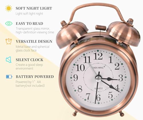 Image of DRONTER Vintage Twin Bell Analog Display Table Alarm Clock with Night LED Light Heavy Slippers Extra Loud Alarm Clock Ideal for Student and Kids Bedroom (Black) (COPPERr), 8x9 Cm