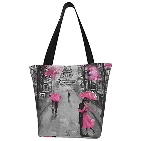 Canvas Tote Bag Handbag Casual Shoulder Bag Satchel with Zipper for Women Work School Travel Shopping Picnic, Art Paris Street Eiffel Tower Pink Floral, One Size Cover
