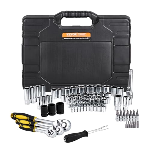 Image of VEVOR 121-Piece Mechanics Tool Set - 1 /4 inch 3 /8 inch 1 /2 inch Drive Sockets - SAE and Metric Mechanic Tool Kit with Bits - Ratchet Handle, Wrenches, Accessories, and Plastic Storage Case for Automotive Repair