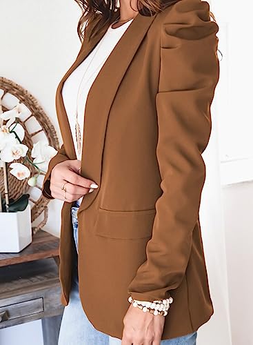 KIRUNDO Women's 2026 Spring Fall Casual Blazers Puff Sleeve Lapel Open Front Work Suit Office Blazer Jackets with Pockets(Brown, Medium) — view 2