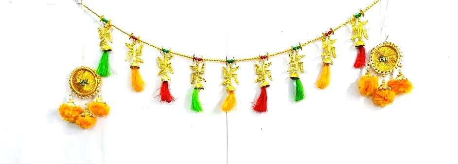 Creative MINDZZ Handmade 1 Multicolor Silk Thread SWASTIK TORAN + Yellow SHUBH LABH Side Door Hanging/ Diwali Decor/ Puja Room Decor/ Backdrop & Stage Decor/ Bandarwal