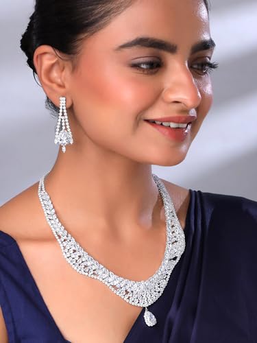Image of Yellow Chimes Jewellery Set for Women | White Stone Necklace Set for Women | Cubic Zircon Silver Diamond Jewellery Set |Rhodium Plated Necklace Set | Birthday Anniversary Gift for Women Wife