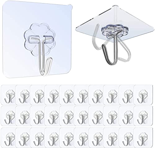 Self Adhesive Hooks, 30Pcs Sticky Hooks for Hanging, Hooks Heavy Duty 10kg (Max) Seamless Transparent Adhesive Hooks Waterproof and oil-resistant, Wall Hooks for Kitchen Bathroom Office Closet (30pcs)