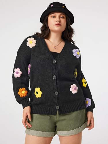 CIDER Women’s Floral Cropped Cardigan Cute Flower V Neck Button Down Trendy Sweater3