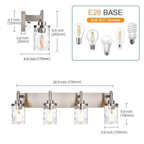 Image of Bathroom Vanity Lighting Fixtures 4 Lights,Brushed Nickel Bathroom Vanity Lights with Clear Hammered Shade Wall Sconce Lighting Modern Farmhouse Bath Lighting