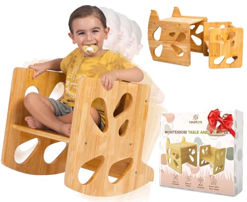 FINGERLIME Montessori - Juego de mesa y silla de destete – Juego de mesa y silla multifuncional para niños de 1 a 3 años, escritorio y silla de madera para niños pequeños de hasta 4 años de edad,