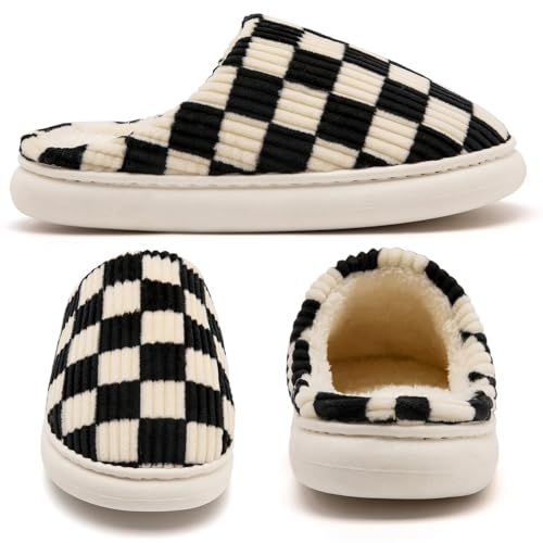 Image of Yueerlu House Slippers for Women Men, Fuzzy Checkered Mens Womens Slippers Warm Memory Foam House Shoes Indoor Outdoor with Faux Fur Lining