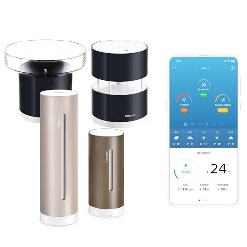 Netatmo Estación Meteorológica ORIGINAL 2ª gen | Interior y Exterior + Pluviómetro + Anemómetro - Temperatura, Humedad, Calidad aire, UV, Pólenes, Previsiones | Compatible Apple, Alexa, Google