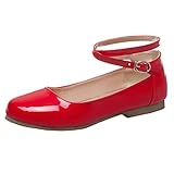 flache pumps rot Femany Damen Flache Pumps mit Knöchelriemchen Ballerinas Lack Rockabilly Schuhe (Rot,39)
