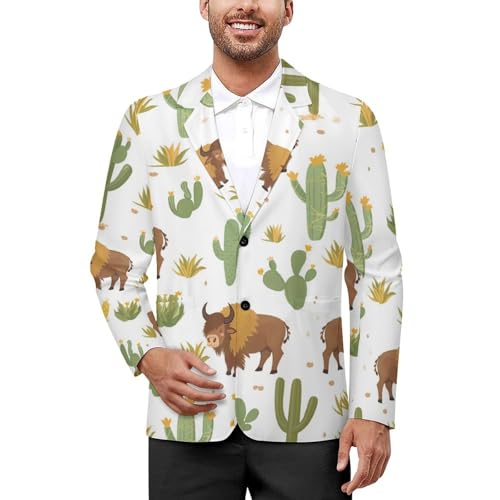 Bisons with Cactus Print Mens Casual Blazer Button Suit Jacket Lightweight Sport Coat for Work Business